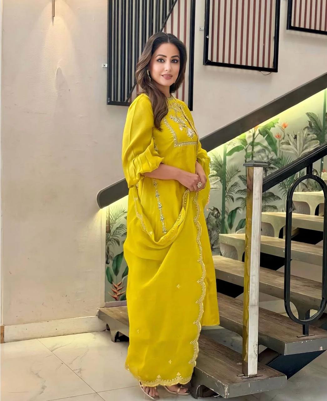 Celebrity Style Yellow Color Latest Palazzo Suit