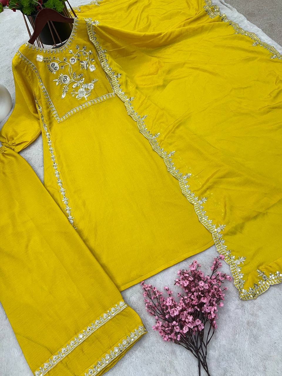 Celebrity Style Yellow Color Latest Palazzo Suit