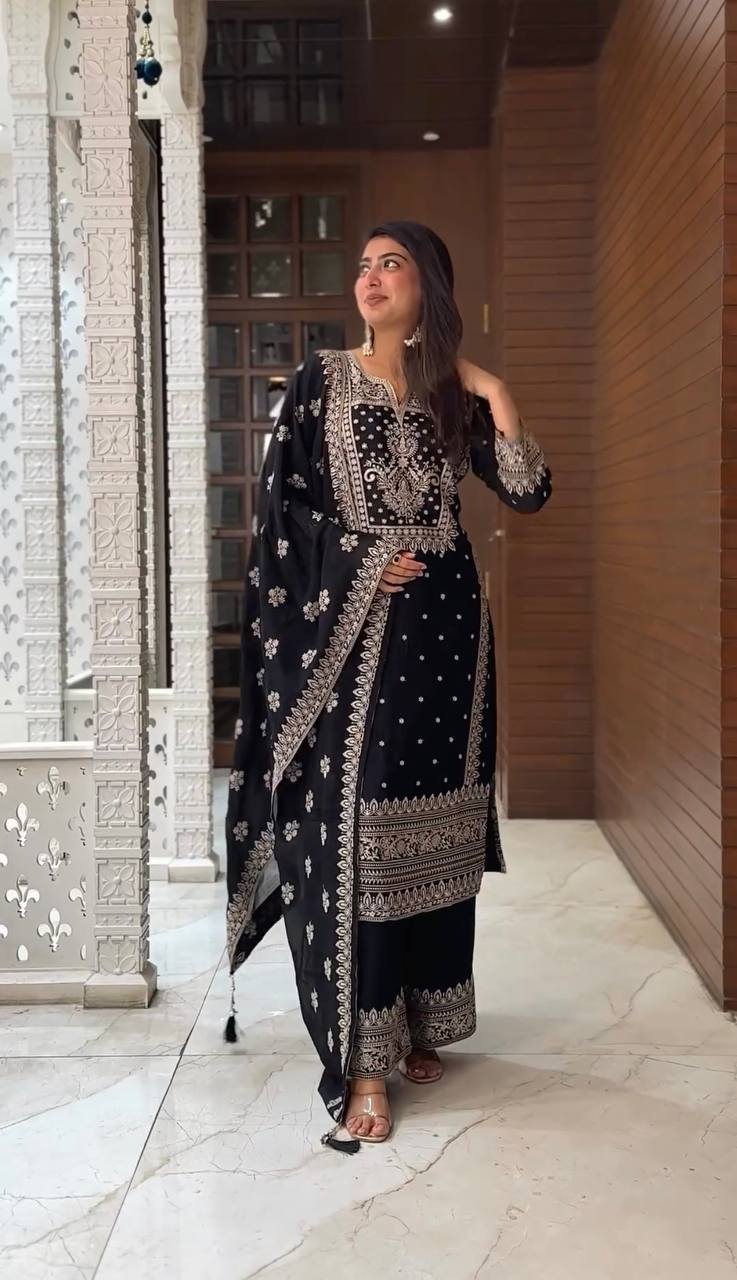 Fully Stitched Black Color Sequence Work Palazzo Suit