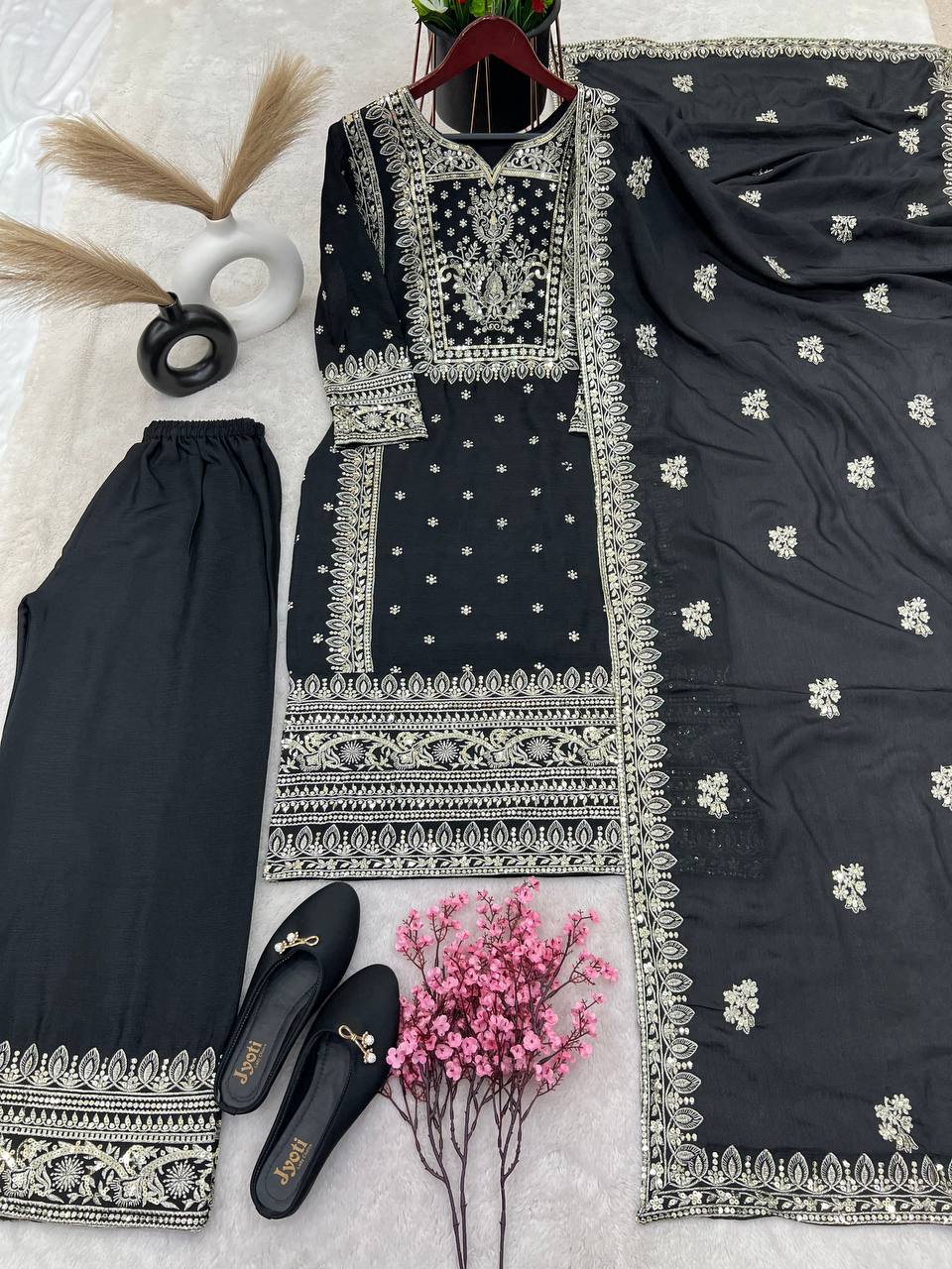 Fully Stitched Black Color Sequence Work Palazzo Suit