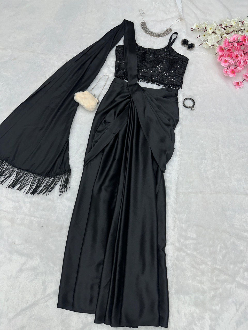 Glimmering Black Color Ready To Wear Western Saree