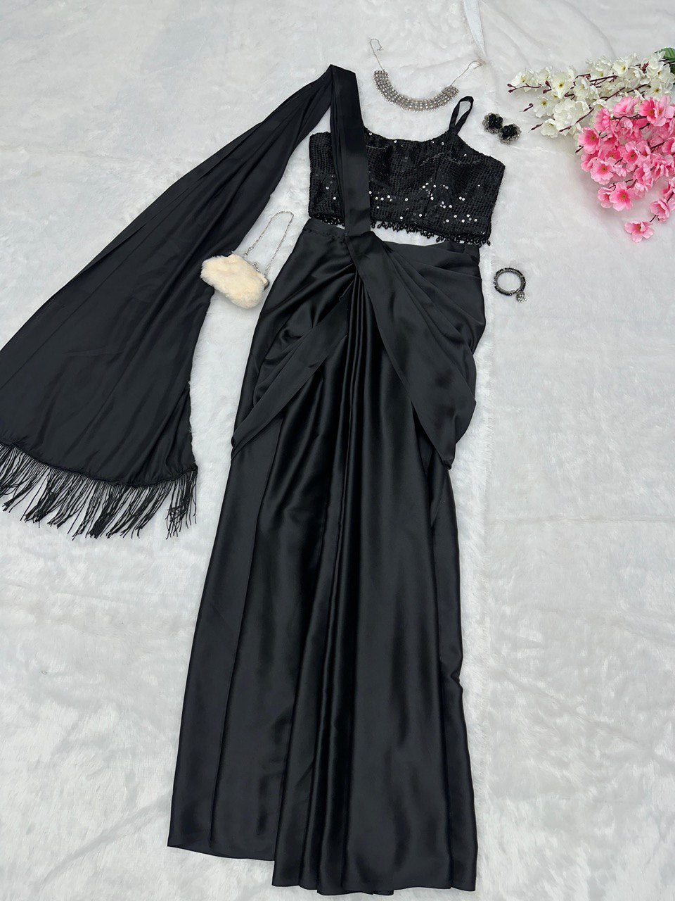 Glimmering Black Color Ready To Wear Western Saree