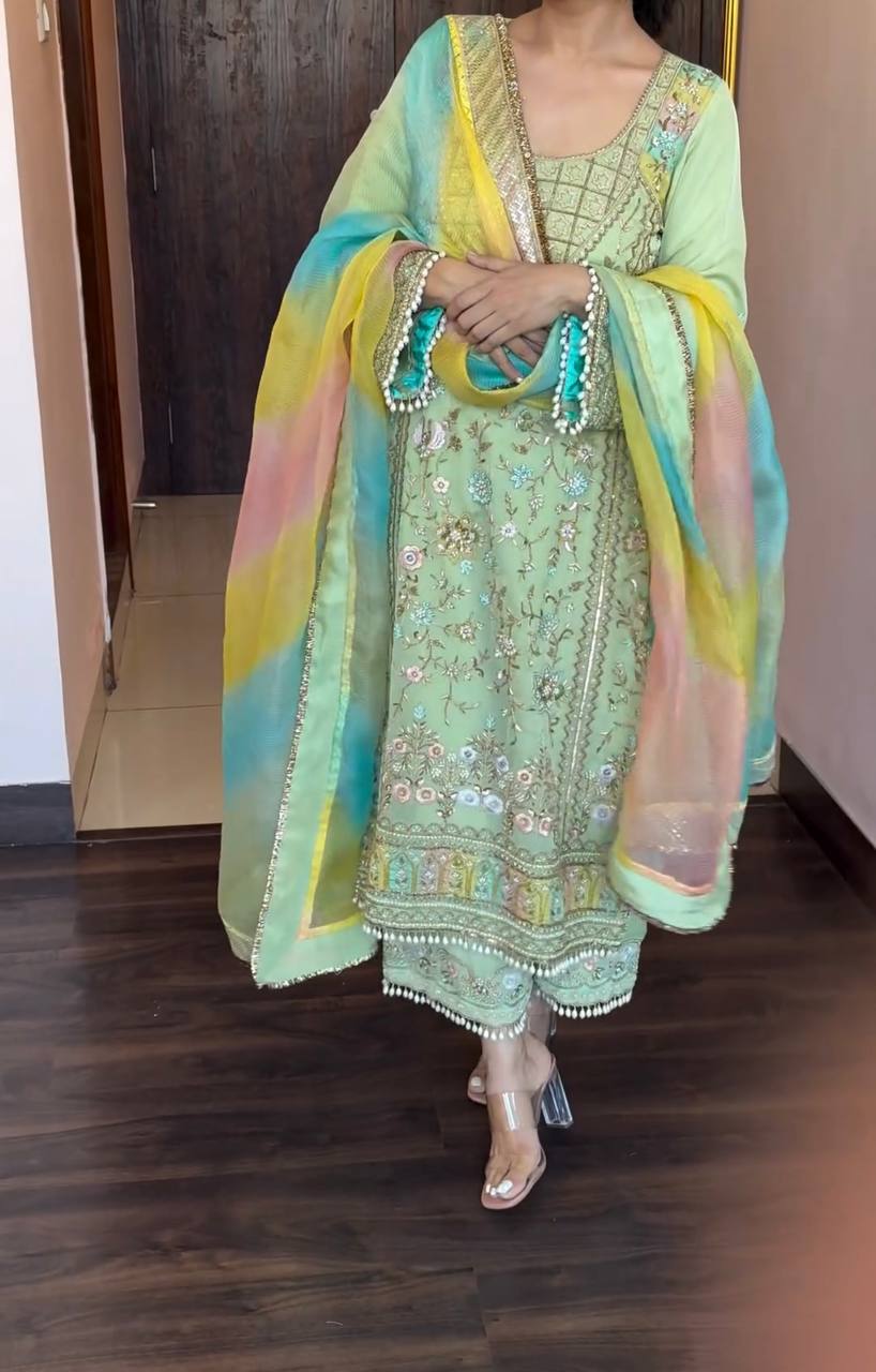 Pista Green Georgette Salwar Suit With  Organza Dupatta
