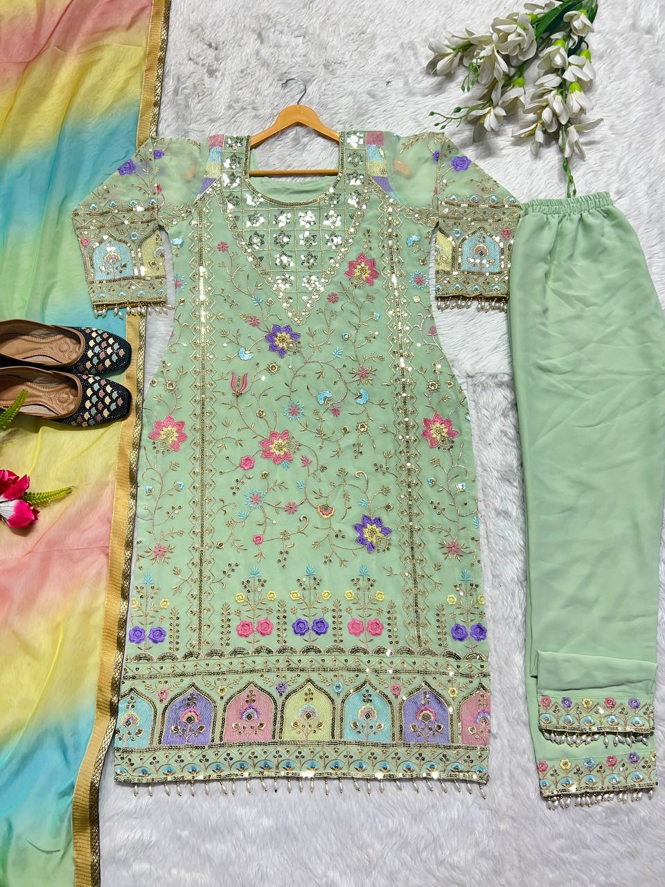Pista Green Georgette Salwar Suit With  Organza Dupatta
