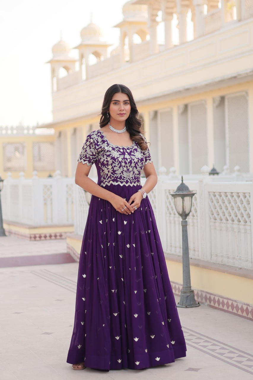 Festive Wear Embroidered Work Purple Gown