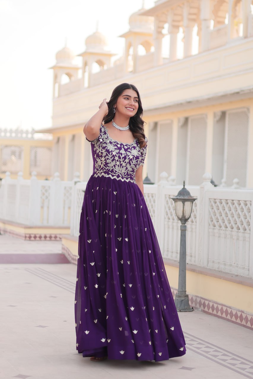 Festive Wear Embroidered Work Purple Gown