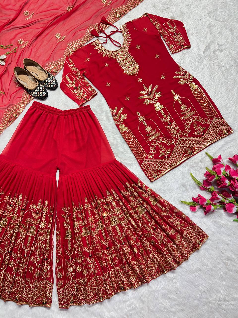 Latest Red Georgette Wedding Wear Sharara Suit