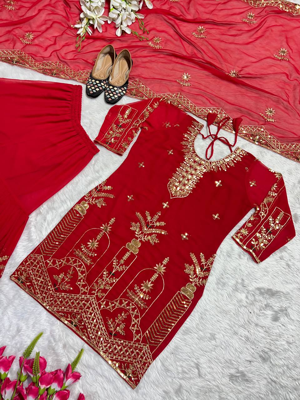Latest Red Georgette Wedding Wear Sharara Suit