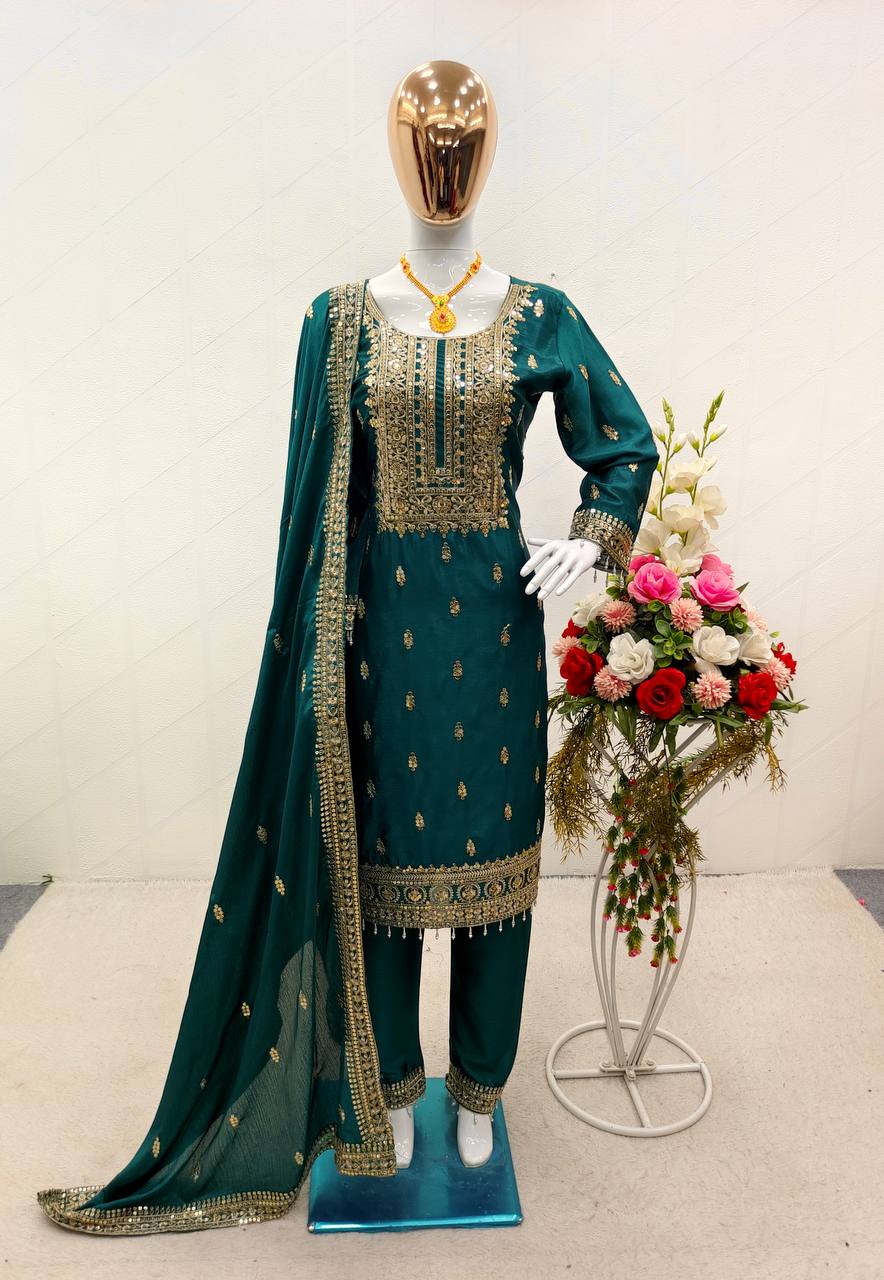 Teal Green Embroidery Work Palazzo Salwar Suit