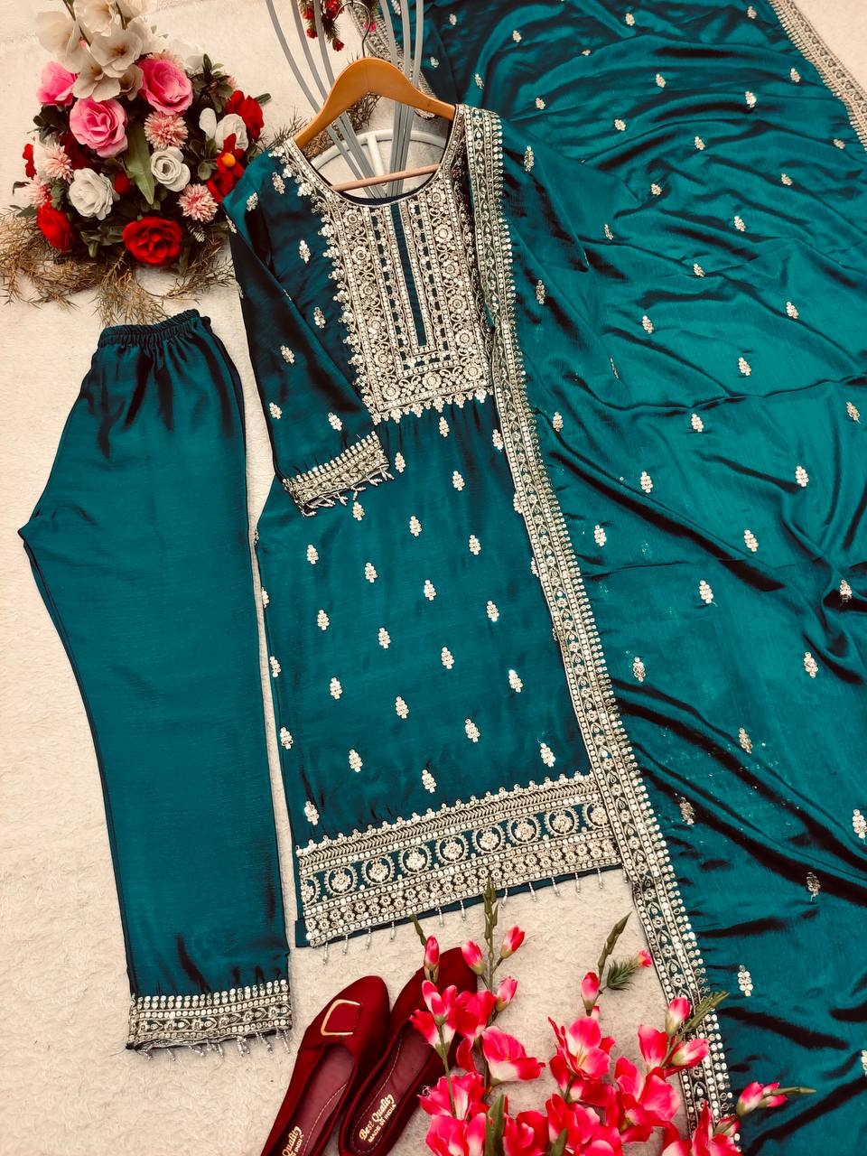 Teal Green Embroidery Work Palazzo Salwar Suit