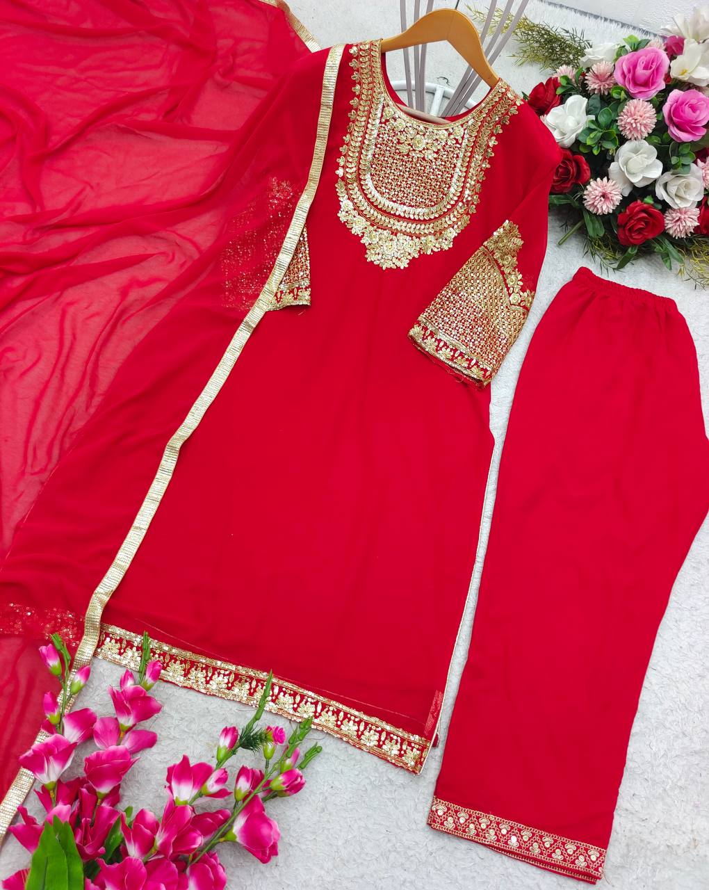 Embroidery Work Georgette Red Color Kurti Set