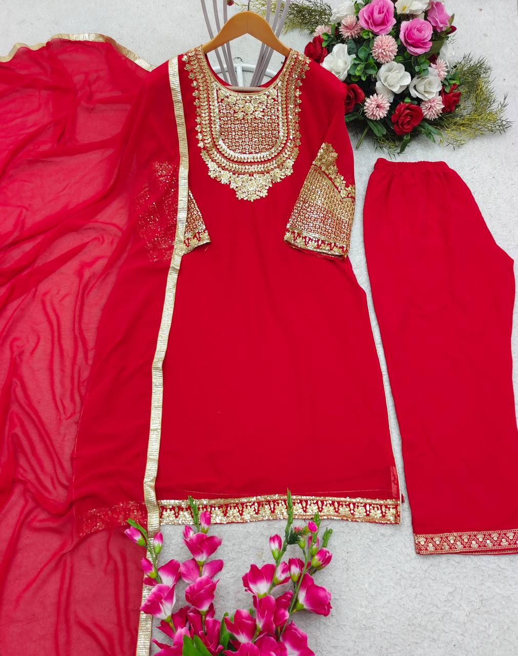 Embroidery Work Georgette Red Color Kurti Set