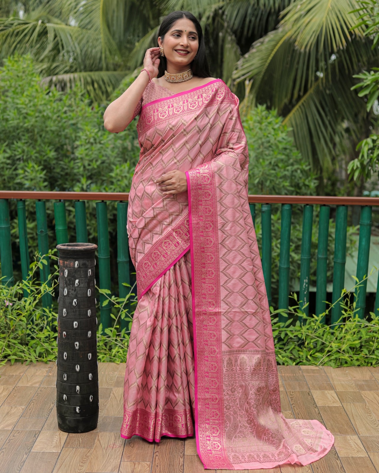 Banarasi Pink Color Kanjivaram Pattern Silk Saree