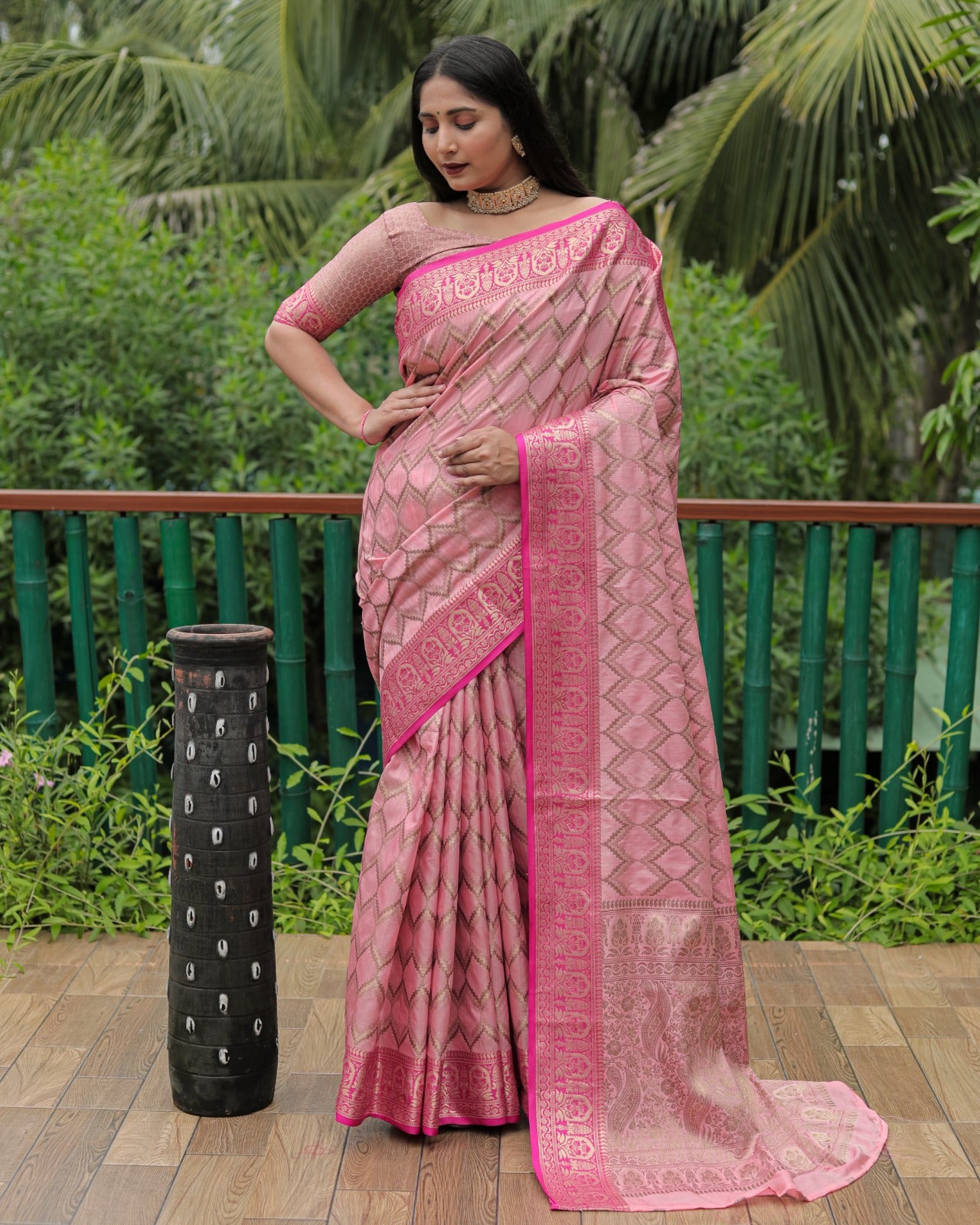 Banarasi Pink Color Kanjivaram Pattern Silk Saree