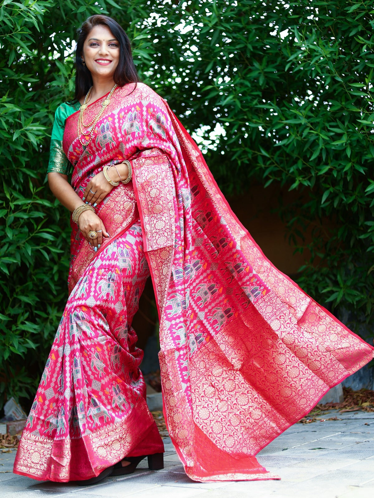 Pink Color Patola Silk Saree With Zari Weaving Work