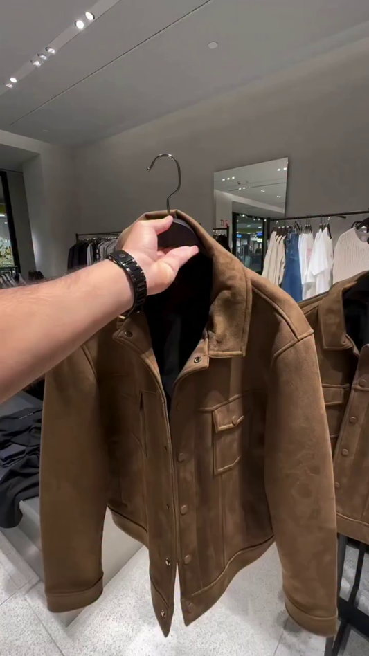brown faux suede collared jacket.