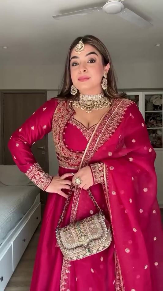 Women Wine Pink Heavy Embroidered Anarkali Suit with Dupatta for Wedding Wear