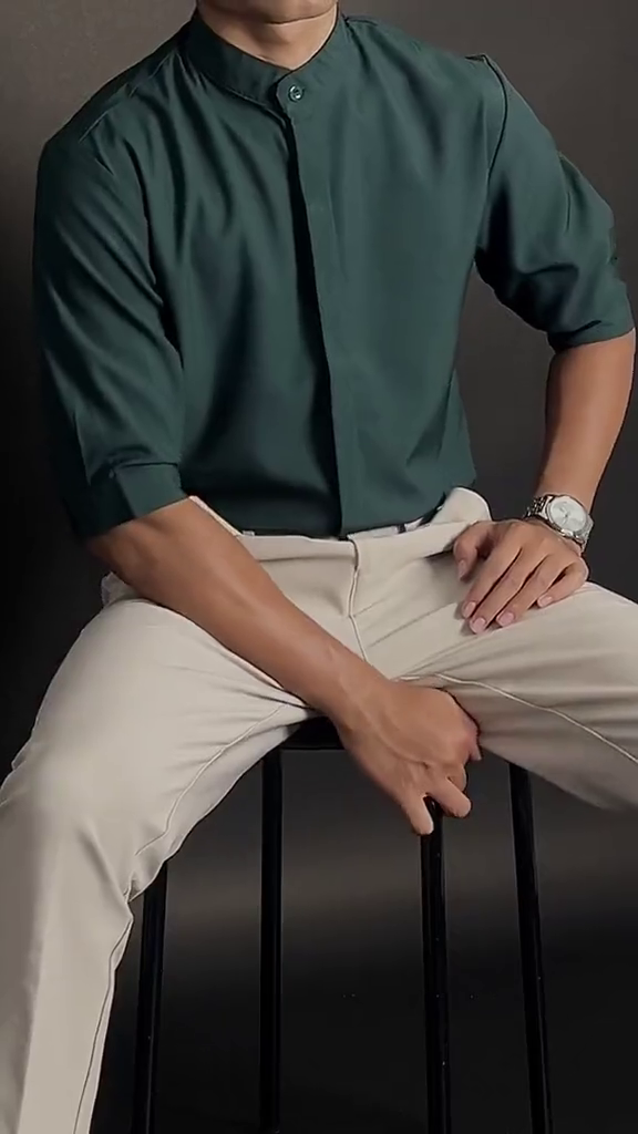 Men Dark Green Mandarin Collar Shirt for Office and Casual Wear