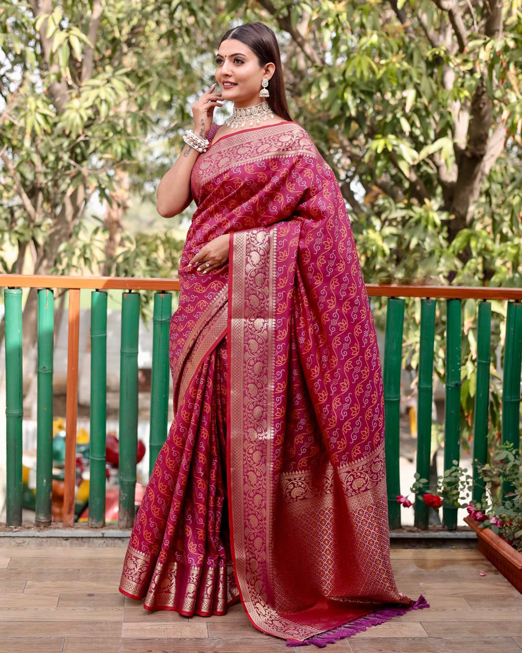 Beautiful Patola Silk With Bandhani Designed Wine Color Saree