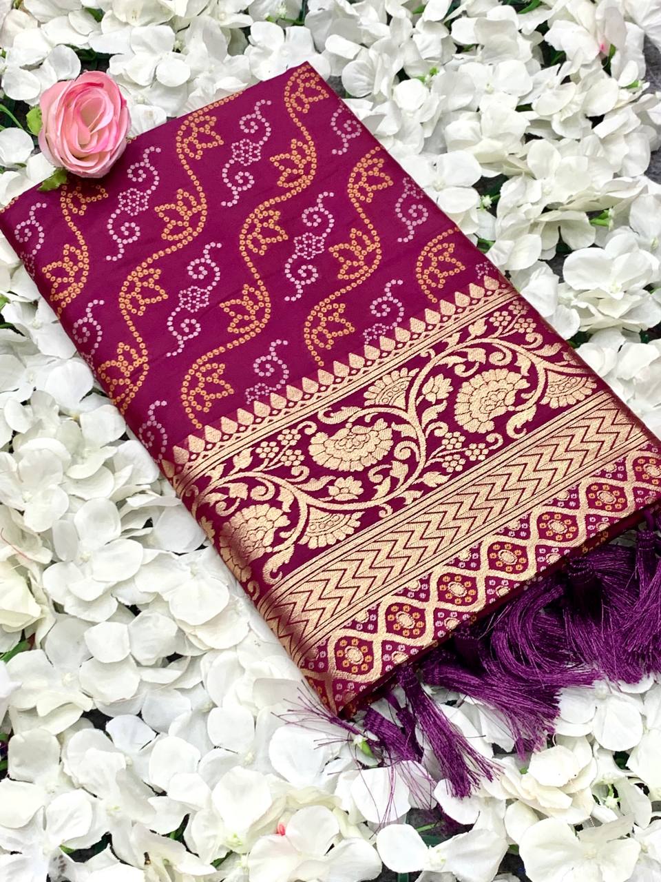 Beautiful Patola Silk With Bandhani Designed Wine Color Saree