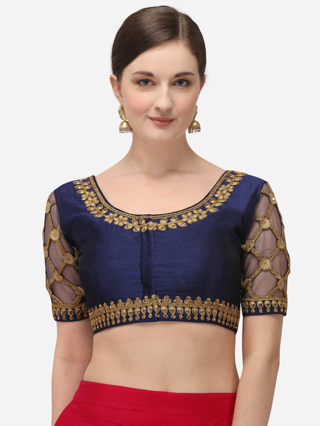 Navy Blue & Gold Color Embroidered Phantom Silk Blouse