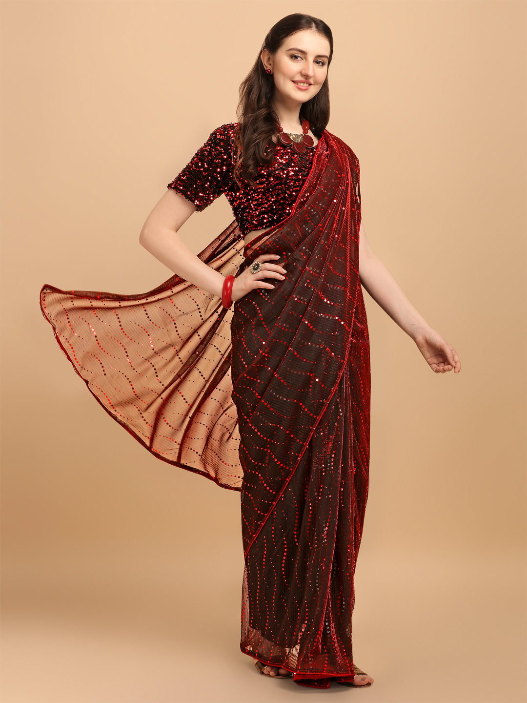 Red Color Net Saree With Sequences Blouse