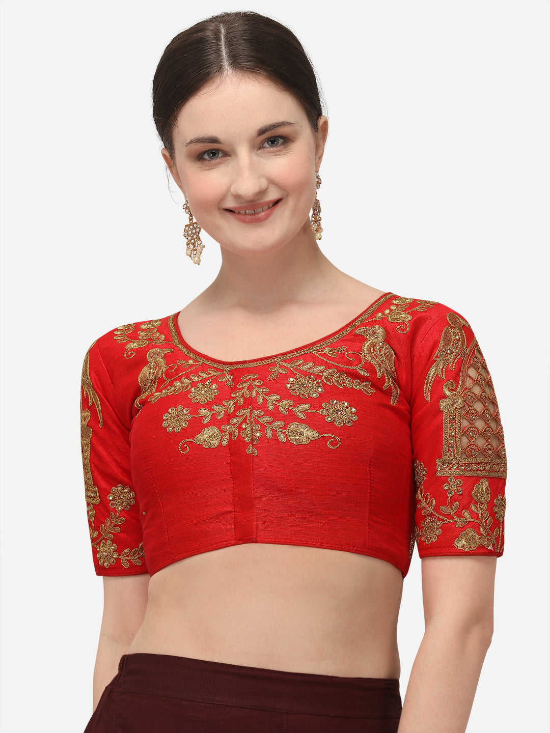 Red Color Birds Design Embroidered Blouse