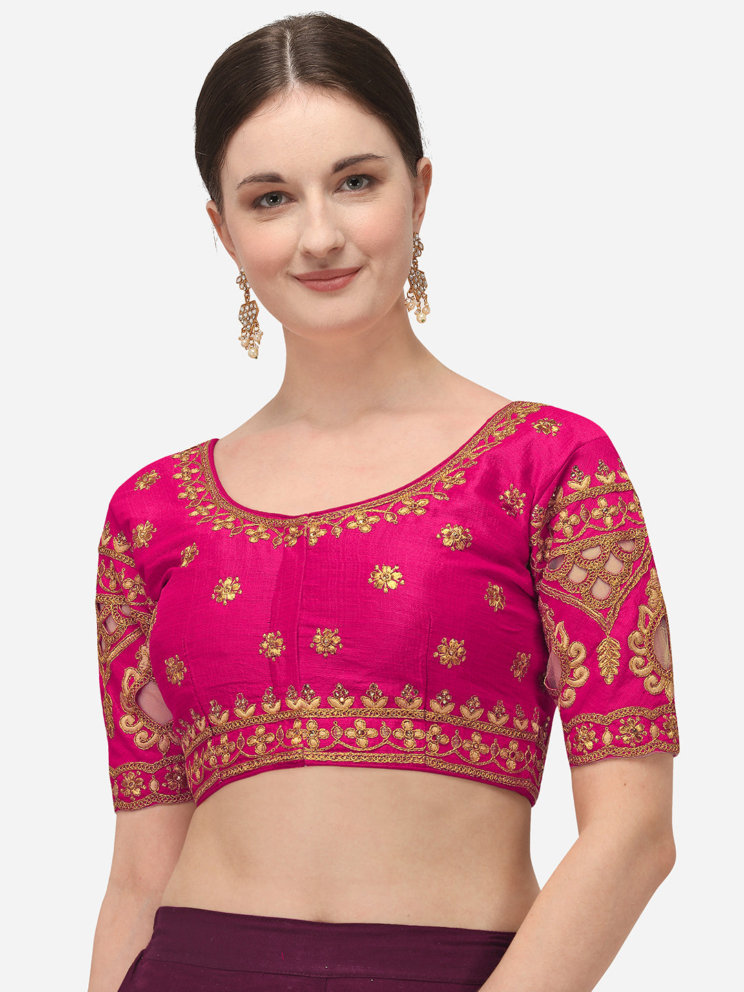 Pink Color Round Neck Embroidery Work Silk Blouse