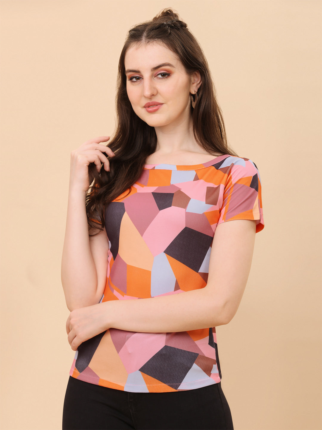 Half Sleeves Round Neck Multi Abstract Top