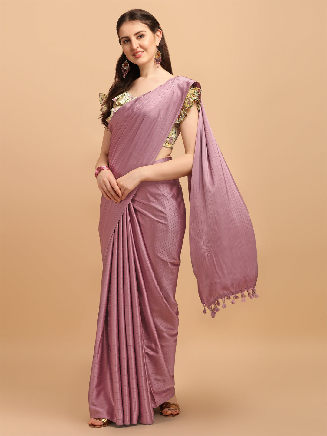 Light Pink Satin Silk Saree With Digital Printed Blouse