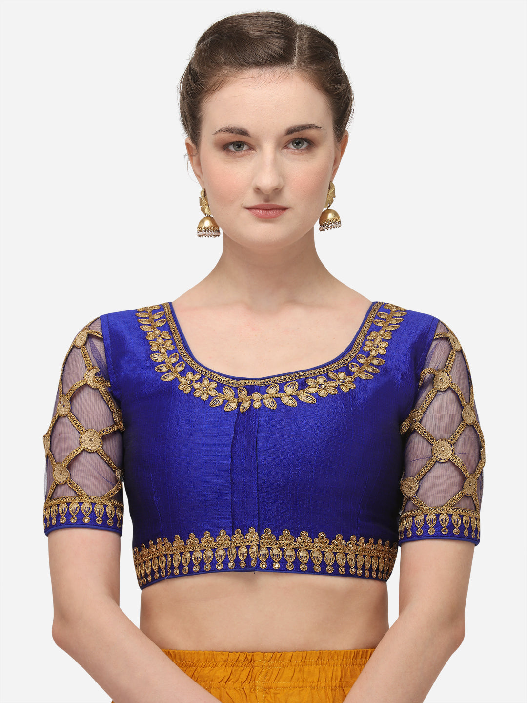Blue & Gold Color Embroidered Phantom Silk Blouse