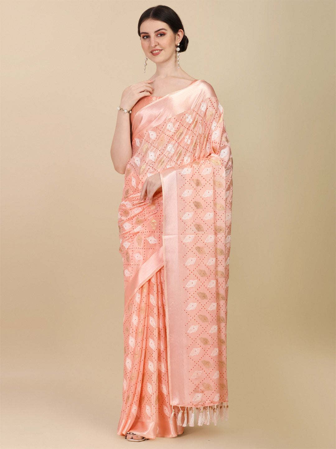 Alluring Peach Color Foil Print Chinon Satin Saree