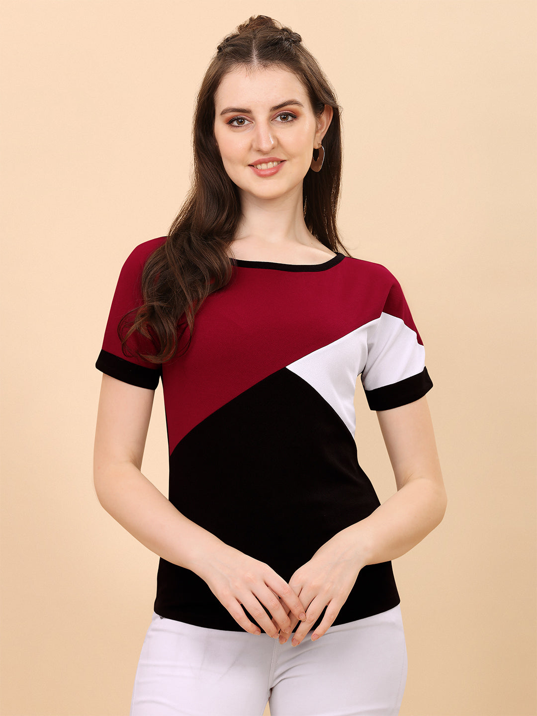 Round Neck Black And Maroon Regular Fit Top