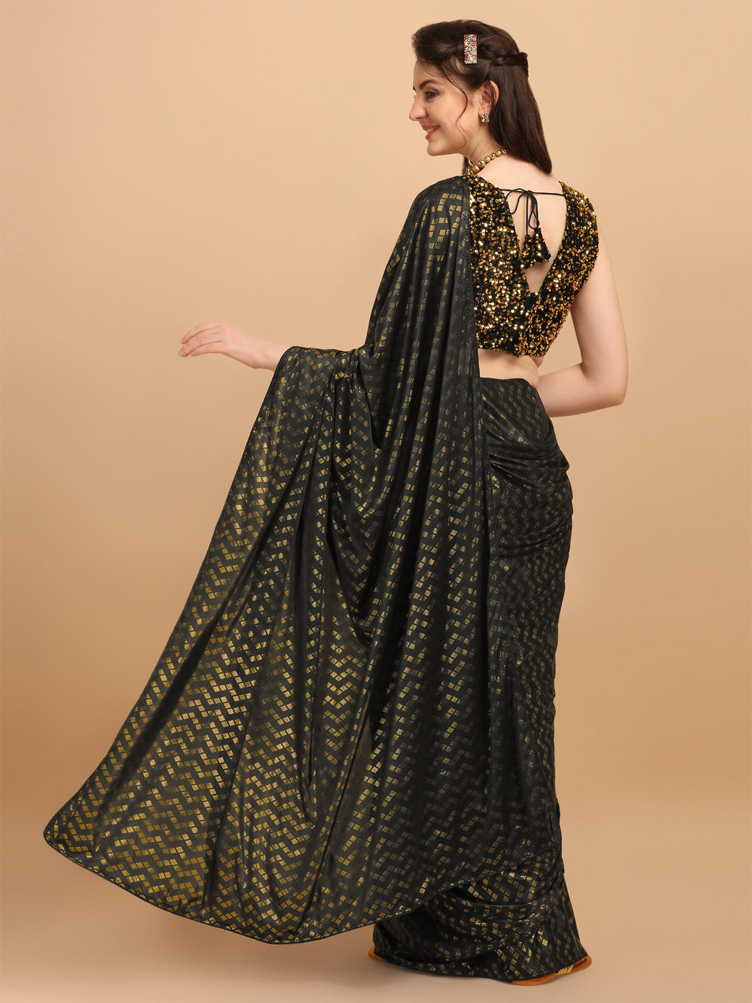 Party Wear Black Malai Silk Saree With Sequences Blouse