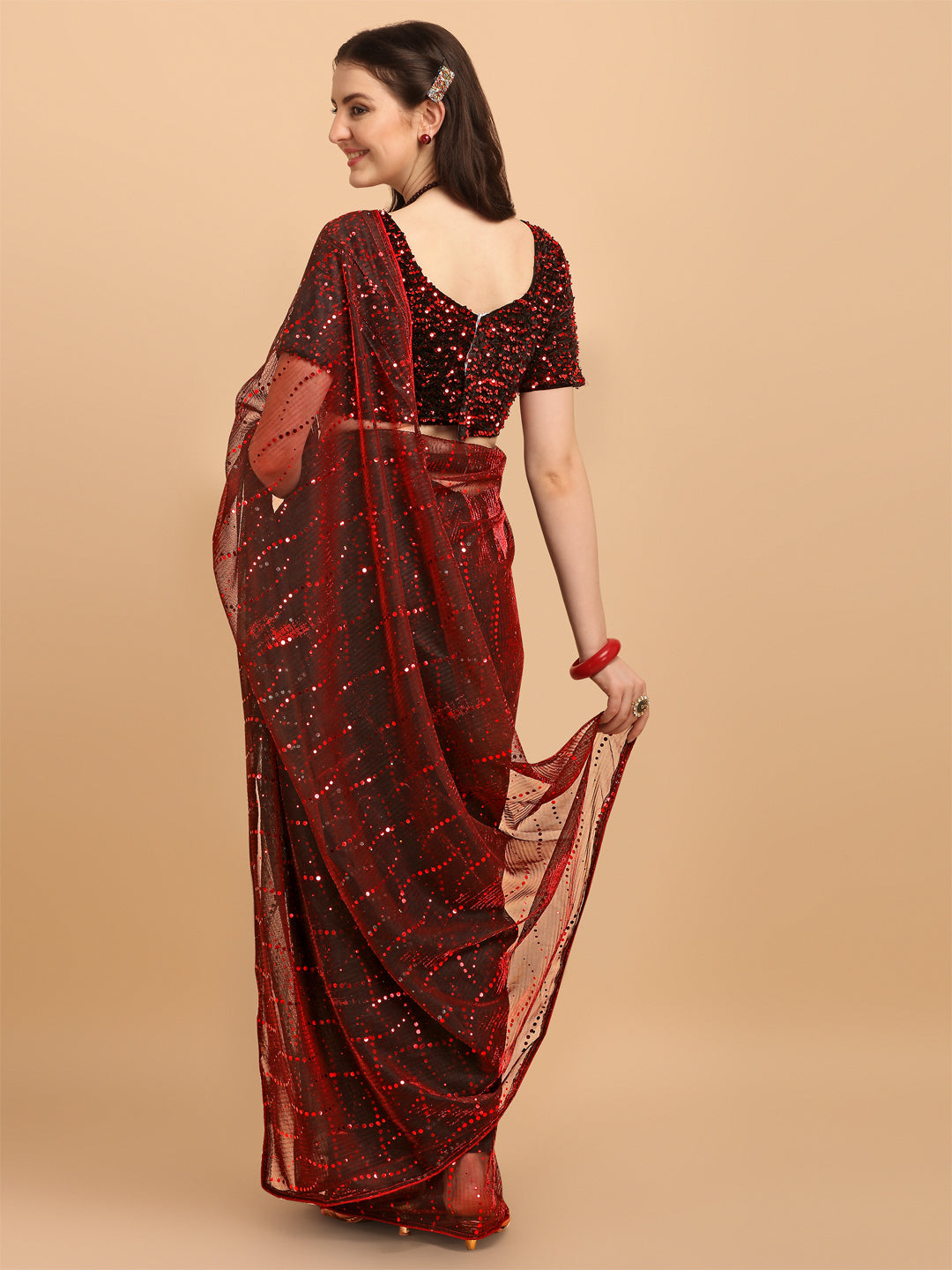 Red Color Net Saree With Sequences Blouse