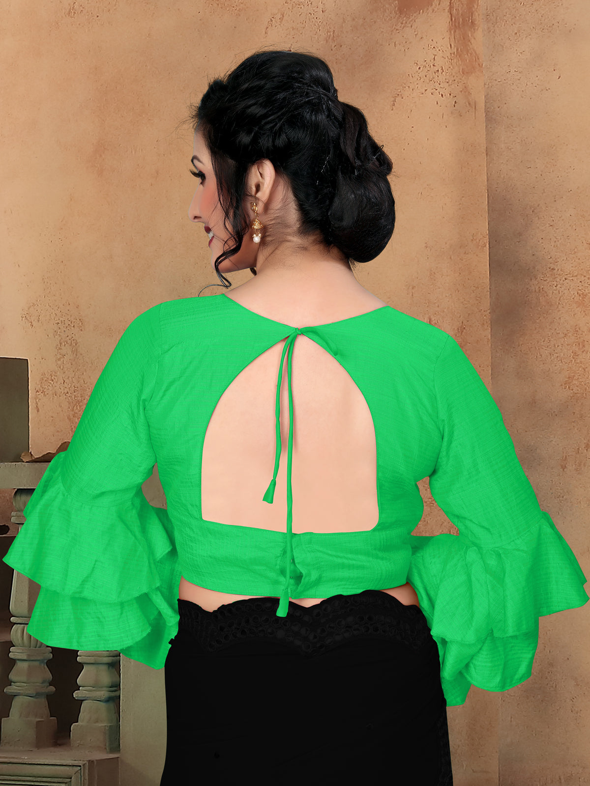 stylish Green color Plain V Neck Stitched Silk Blouse