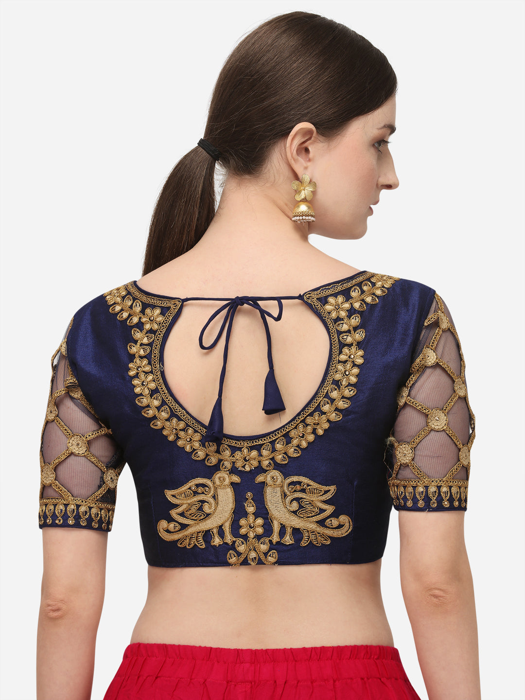 Navy Blue & Gold Color Embroidered Phantom Silk Blouse