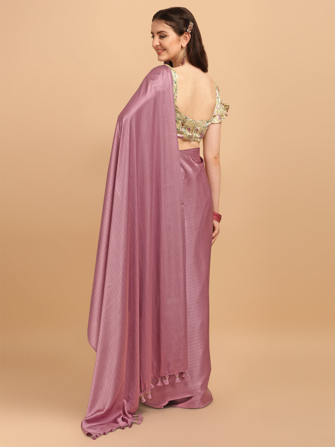 Light Pink Satin Silk Saree With Digital Printed Blouse
