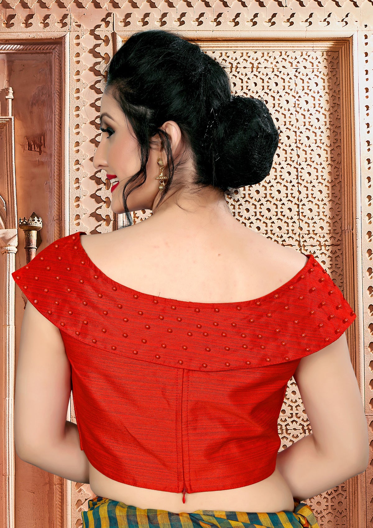Trendy Red Moti Work Stitched Malabari Silk Blouse