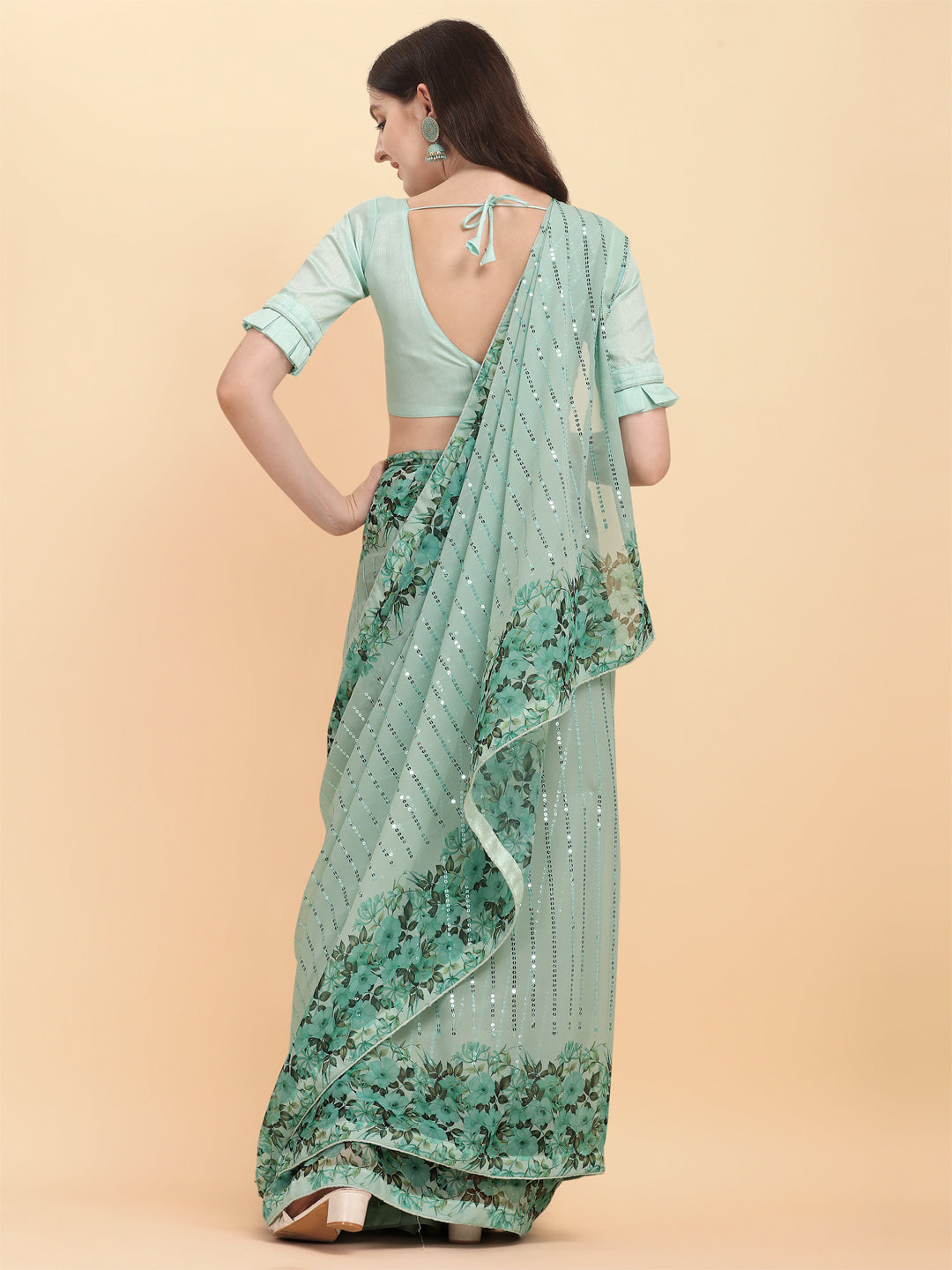 Glimmering Sequence Work Pista Color Saree