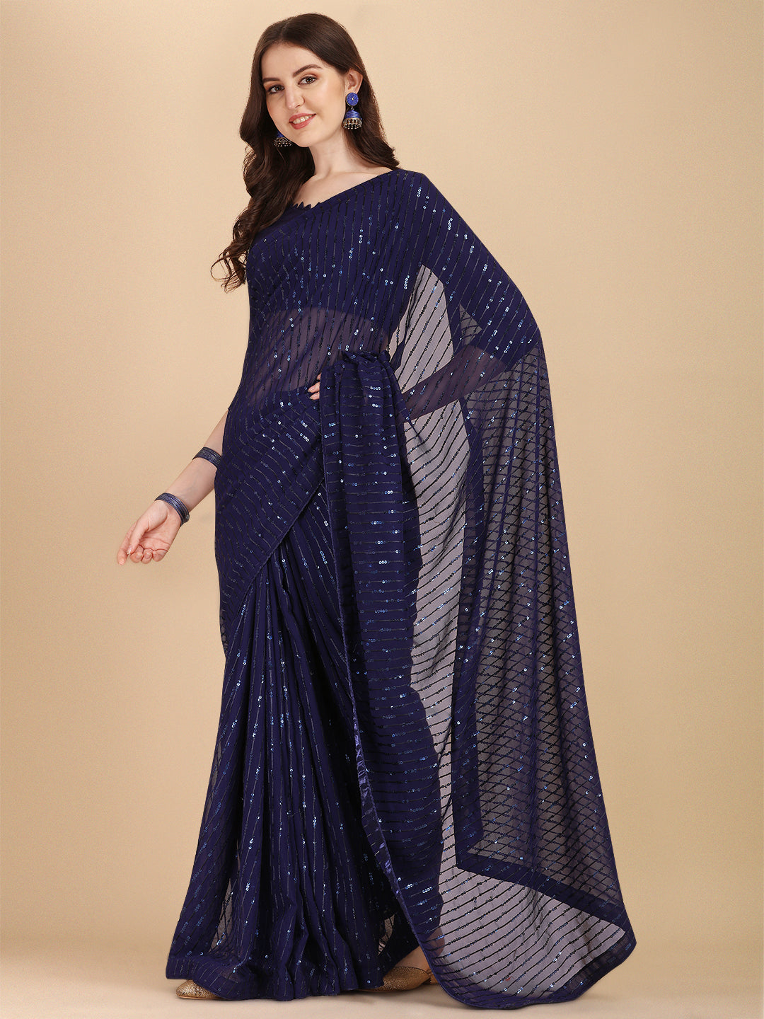 Fashionable Navy Blue Color Sequence Work Saree