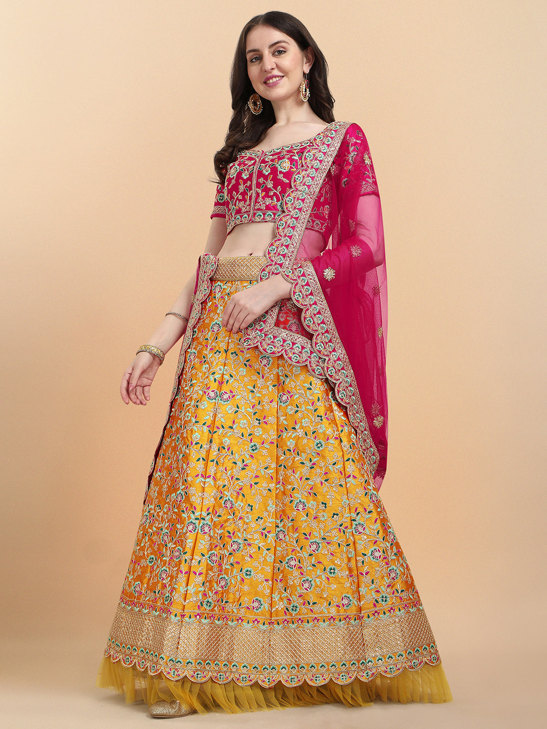 Stunning Yellow And Pink Color Embroidered Work Lehenga Choli