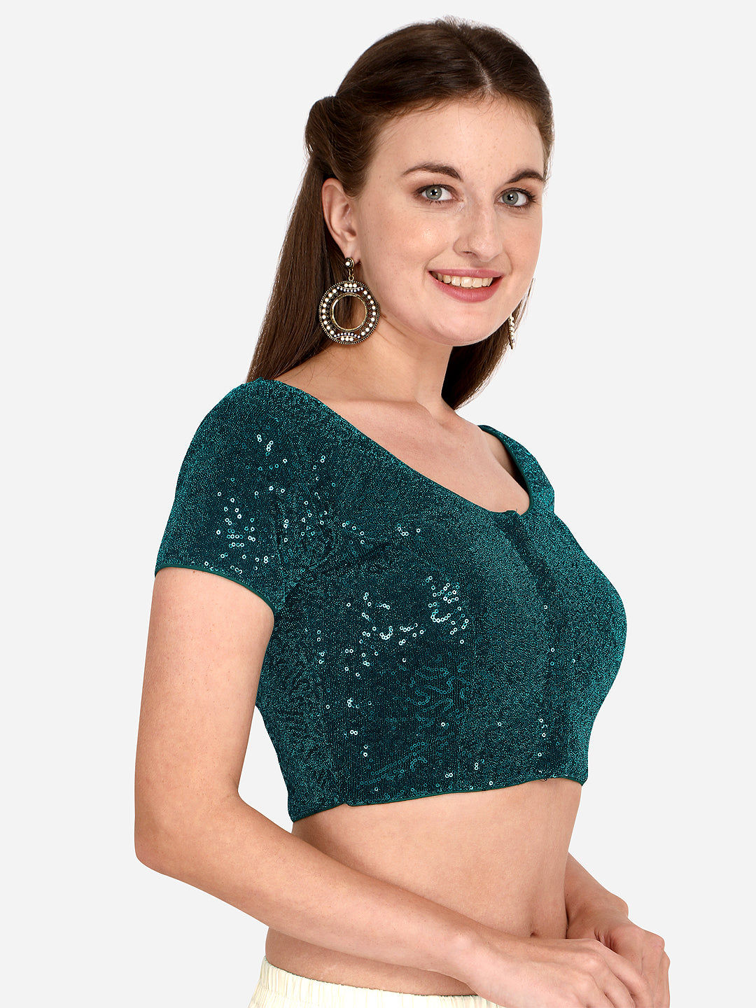 Designer Round Neck Sequence Work Green Color Net Blouse