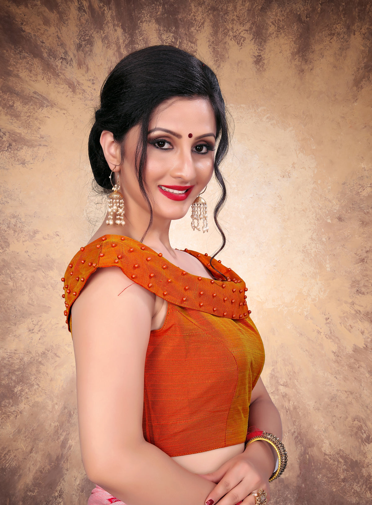 Trendy Orange Moti Work Stitched Malabari Silk Blouse