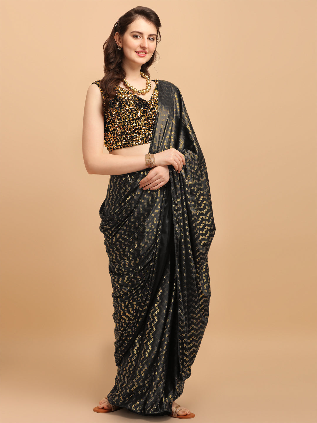 Party Wear Black Malai Silk Saree With Sequences Blouse