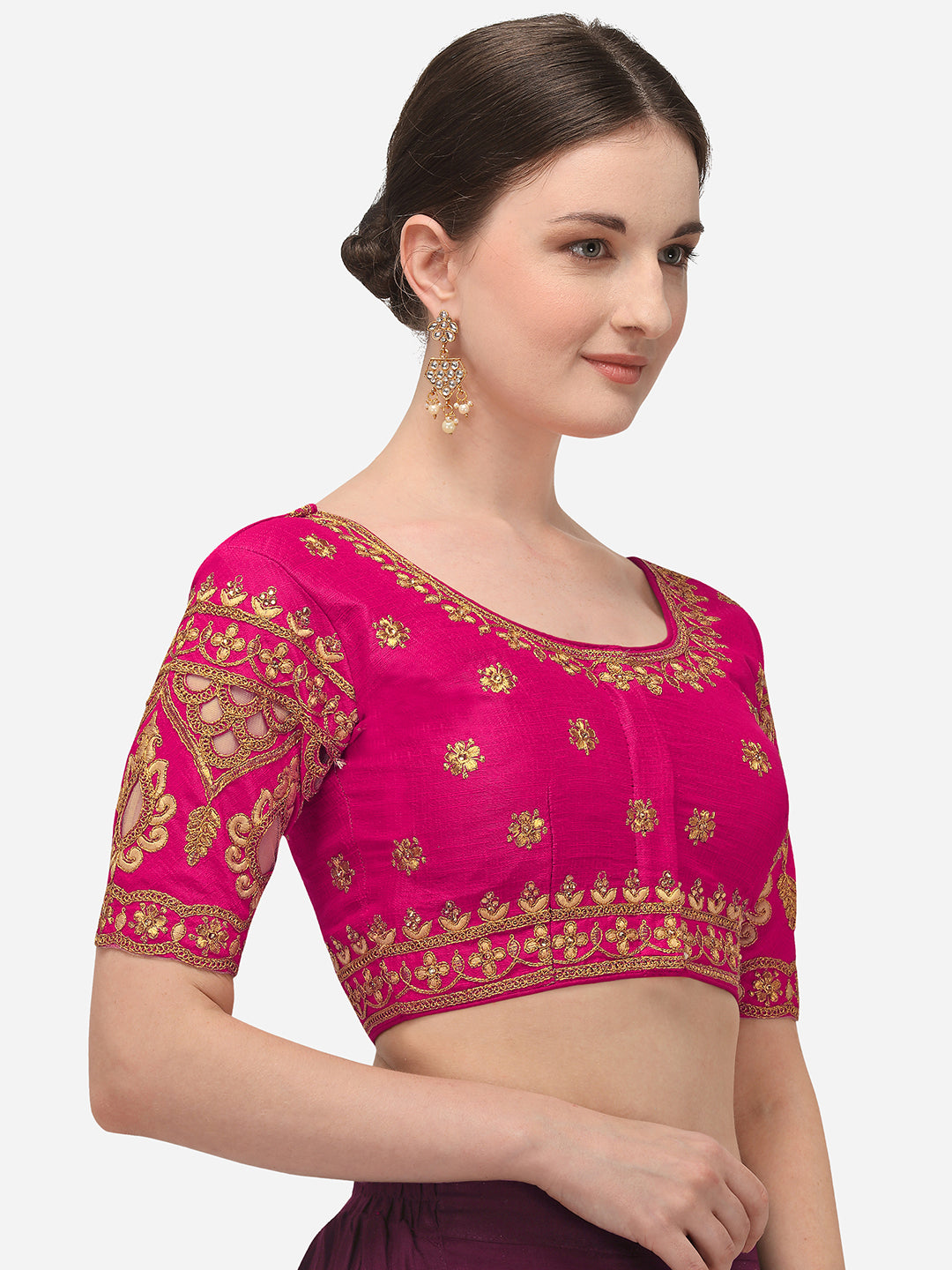 Pink Color Round Neck Embroidery Work Silk Blouse