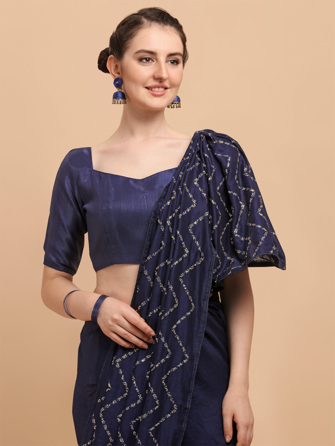 Gorgeous Navy Blue Sequence Vichitra Blooming Saree