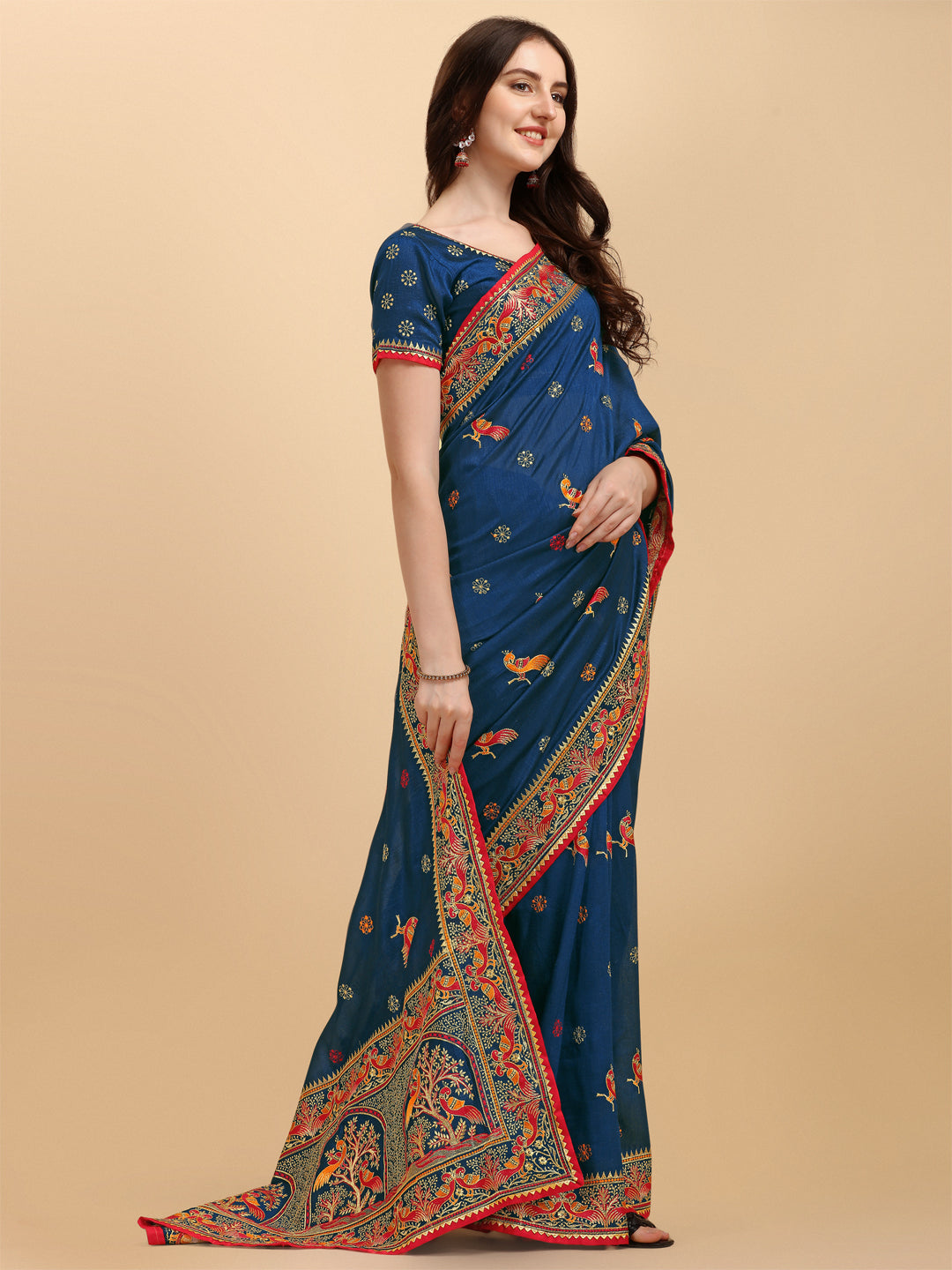 Beautiful Navy Blue Color Embroidered Work Saree