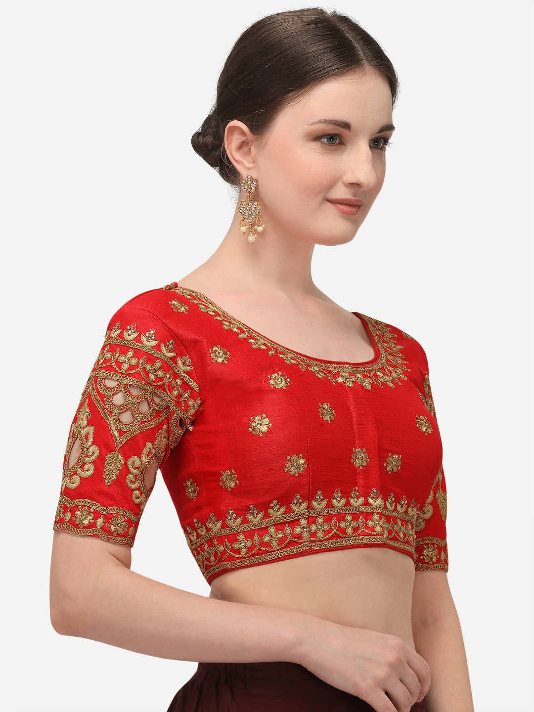 Red Color Round Neck Embroidery Work Silk Blouse