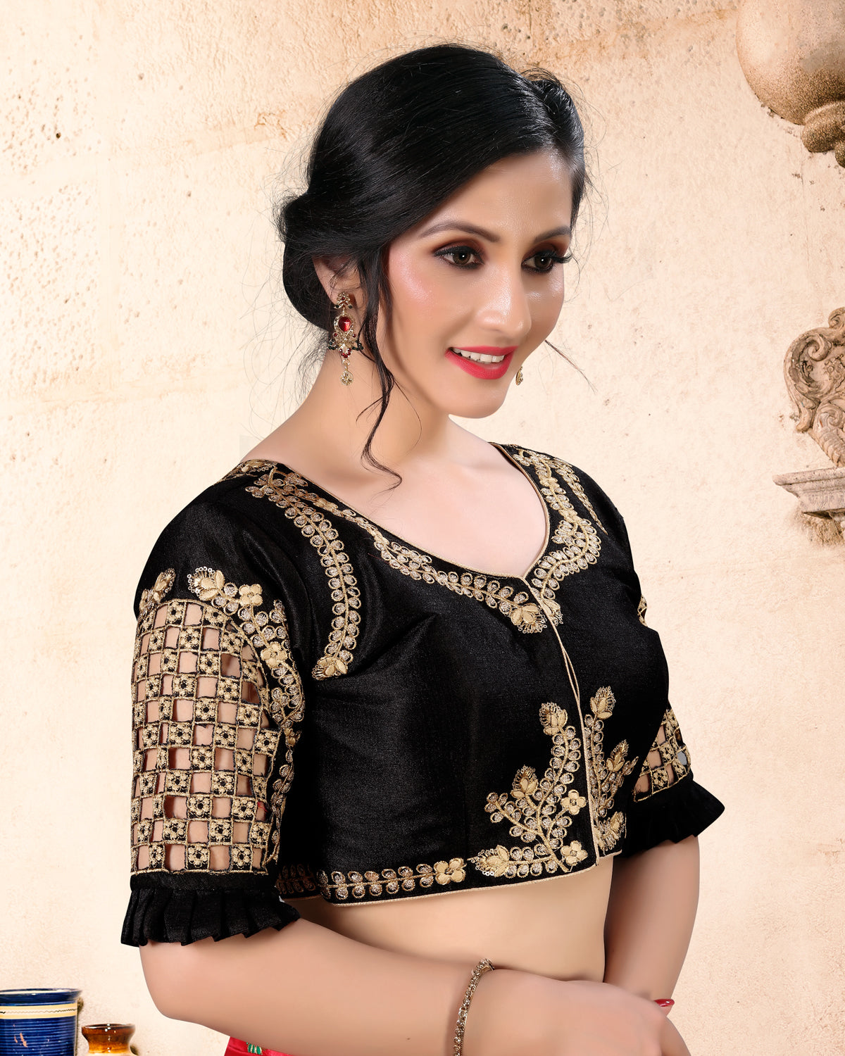 Copy of Beautiful Designer Black color Embroidered Cut Work Silk Blouse